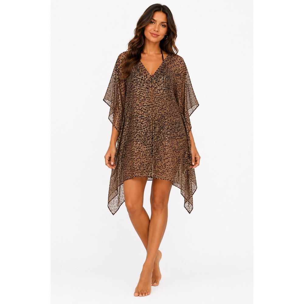 ZL Europe Womens Leopard Print Metallic Gold‎ Kaftan Swim Cover Up OS NEW